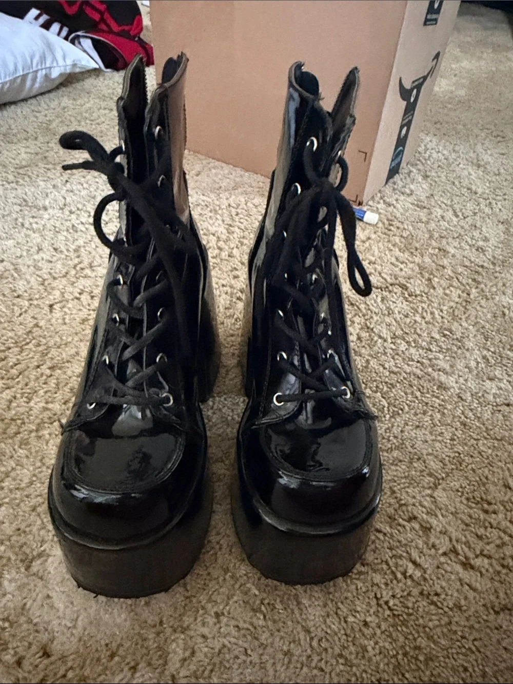 Demonia Black Patent High Platform Lace-Up Boots